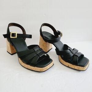 NEW Paul Green Tina Retro Cool Black Leather Cork Sandals Size 7.5